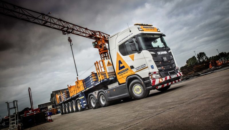 Ainscough Scania heavy haulage truck with a multi-axle trailer
